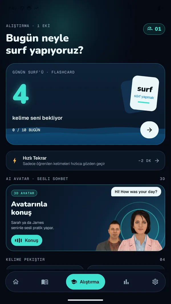 Alıştırma merkezi: günün flashcard'ı ve avatar sohbeti